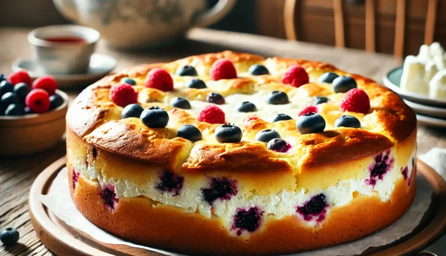 Ce gâteau au kéfir avec du fromage blanc et des fruits est à déguster absolument.